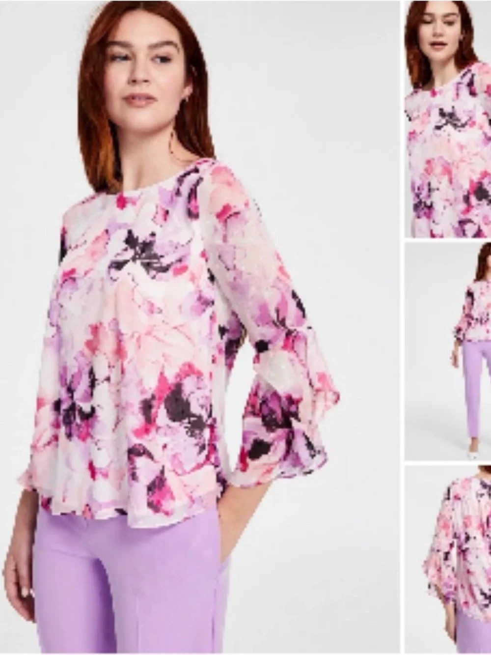 KASPER Floral Flutter Sleeve Blouse Sz M - Picture 2 of 7